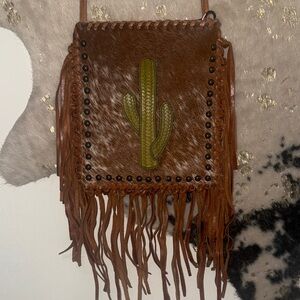 Western Brown Leather Crossbody Bag with Cactus Design
